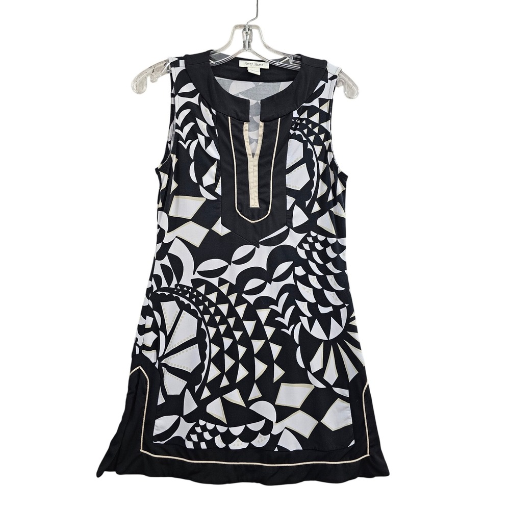 White House Black Market Tunic Women XS Black White Geometric Split Neck Stretch